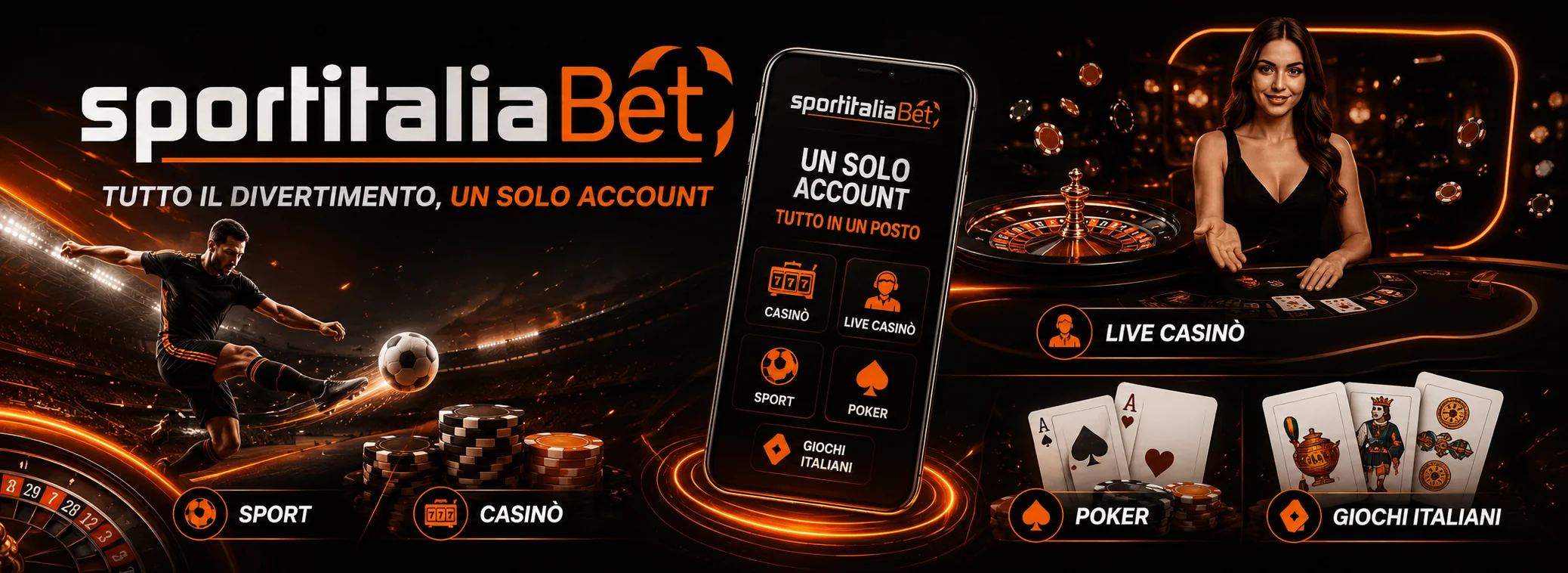 Banner del casinò SportitaliaBet con il pacchetto di benvenuto da 1.250 € e il bonus da 20 € senza deposito